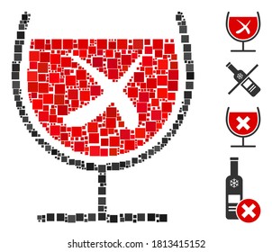 Mosaico No se ha organizado ningún icono de bebida de vino a partir de elementos cuadrados de diferentes tamaños y colores. Los objetos cuadrados vectoriales se organizan en mosaico abstracto sin icono de bebida de vino. Se colocan pictogramas bonificados.