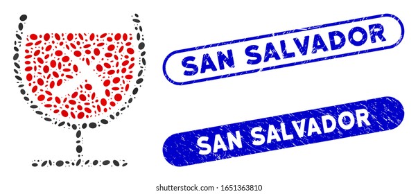 Mosaic no wine drinking and rubber stamp seals with San Salvador caption. Mosaic vector no wine drinking is designed with scattered elliptic spots. San Salvador stamp seals use blue color,
