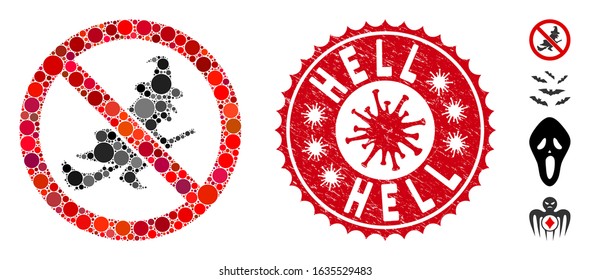 Mosaic no witch flights icon and red round distressed stamp seal with Hell caption and coronavirus symbol. Mosaic vector is created with no witch flights pictogram and with scattered round items.