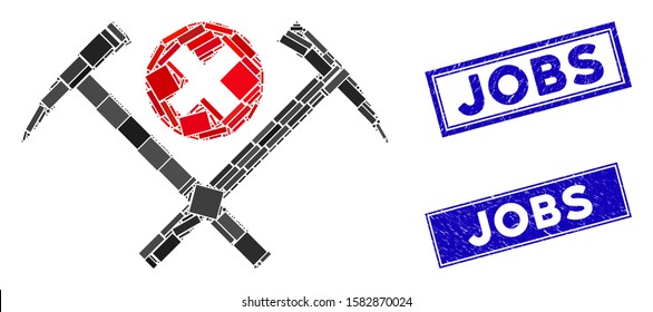 Mosaic no work pictogram and rectangle Jobs seals. Flat vector no work mosaic icon of random rotated rectangle elements. Blue Jobs rubber seals with distress texture.