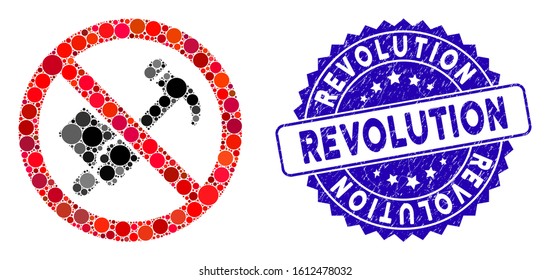 Mosaic no working hammer icon and rubber stamp seal with Revolution phrase. Mosaic vector is composed with no working hammer icon and with scattered circle elements.