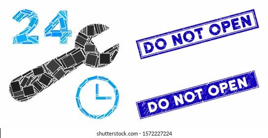 Mosaic nonstop service hours icon and rectangular Do Not Open stamps. Flat vector nonstop service hours mosaic icon of random rotated rectangular items.