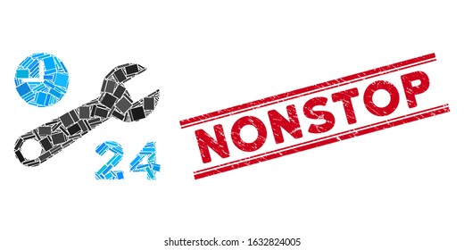 Mosaic nonstop service hours icon and red Nonstop watermark between double parallel lines. Flat vector nonstop service hours mosaic icon of random rotated rectangle elements.