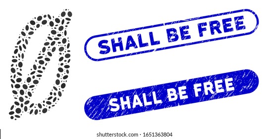 Mosaic nope and distressed stamp seals with Shall Be Free phrase. Mosaic vector nope is created with random ellipse dots. Shall Be Free stamp seals use blue color, and have rounded rectangle shape.
