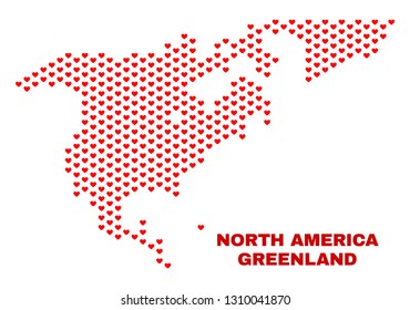 Mosaic North America and Greenland map of heart hearts in red color isolated on a white background. Regular red heart pattern in shape of North America and Greenland map.