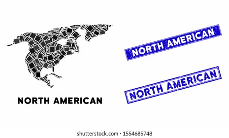 Mosaic North America map and rectangle stamps. Flat vector North America map mosaic of randomized rotated rectangle elements. Blue caption rubber stamps with dirty texture.