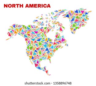 Mosaic North America map of triangles in bright colors isolated on a white background. Triangular collage in shape of North America map. Abstract design for patriotic decoration.