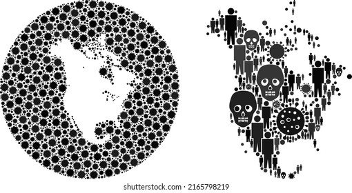 Mosaic North America v2 map designed from SARS virus elements and men and dead head elements. Pandemic virus North America v2 map mosaic created with sphere and subtracted shape.