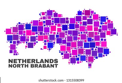 Mosaic North Brabant Province map isolated on a white background. Vector geographic abstraction in pink and violet colors. Mosaic of North Brabant Province map combined of scattered square items.
