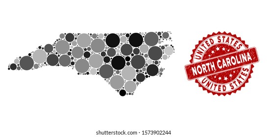 Mosaic North Carolina State map and circle rubber print. Flat vector North Carolina State map mosaic of randomized circle items. Red rubber stamp with rubber surface.
