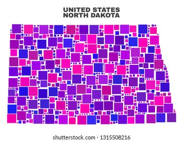 Mosaic North Dakota State map isolated on a white background. Vector geographic abstraction in pink and violet colors. Mosaic of North Dakota State map combined of scattered square elements.