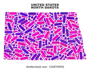 Mosaic North Dakota State map isolated on a white background. Vector geographic abstraction in pink and violet colors. Mosaic of North Dakota State map combined of random circle points and lines.