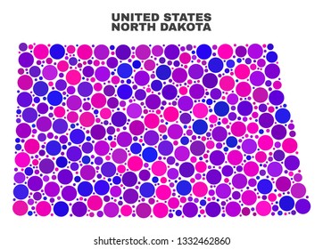 Mosaic North Dakota State map isolated on a white background. Vector geographic abstraction in pink and violet colors. Mosaic of North Dakota State map combined of random spheric points.