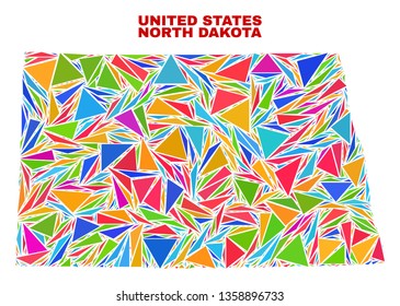 Mosaic North Dakota State map of triangles in bright colors isolated on a white background. Triangular collage in shape of North Dakota State map. Abstract design for patriotic decoration.