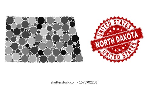 Mosaic North Dakota State map and round seal stamp. Flat vector North Dakota State map mosaic of scattered spheric items. Red seal stamp with corroded texture.