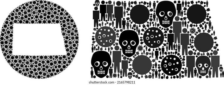 Mosaic North Dakota State map designed from virus icons and population and mortal icons. Pandemic virus North Dakota State map mosaic formed with sphere and hole.