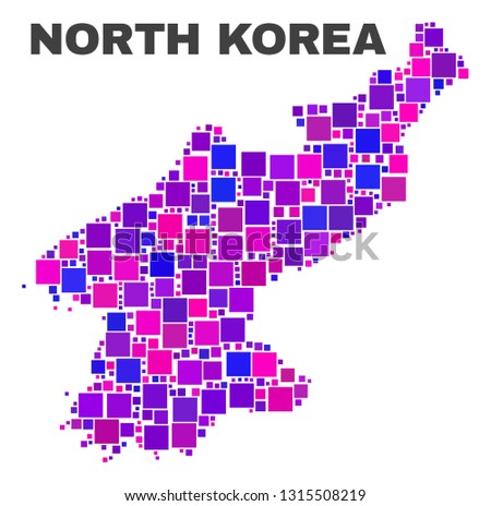 Mosaic North Korea map isolated on a white background. Vector geographic abstraction in pink and violet colors. Mosaic of North Korea map combined of scattered square items.