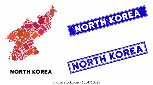 Mosaic North Korea map and rectangle stamps. Flat vector North Korea map mosaic of randomized rotated rectangle elements. Blue caption rubber stamps with grunged surface.
