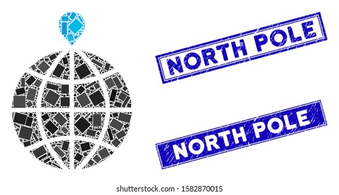 Mosaic north pole pictogram and rectangular North Pole rubber prints. Flat vector north pole mosaic pictogram of randomized rotated rectangular items.