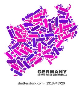 Mosaic North Rhine-Westphalia Land map isolated on a white background. Vector geographic abstraction in pink and violet colors.