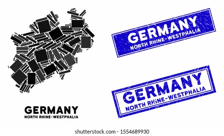 Mosaic North Rhine-Westphalia Land map and rectangular seal stamps. Flat vector North Rhine-Westphalia Land map mosaic of random rotated rectangular items.