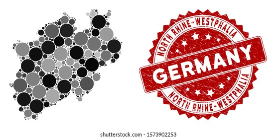 Mosaic North Rhine-Westphalia Land map and circle seal stamp. Flat vector North Rhine-Westphalia Land map mosaic of scattered circle items. Red stamp imprint with distress style.