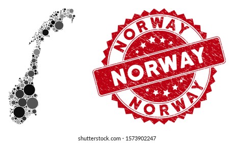 Mosaic Norway map and circle seal stamp. Flat vector Norway map mosaic of random circle elements. Red rubber stamp with distress texture. Designed for political and patriotic projects.
