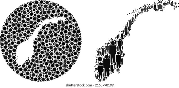 Mosaic Norway map organized from covid infection elements and humans and mortal elements. Infection virus Norway map mosaic composed with sphere and hole. Mosaics are designed for lockdown propaganda.