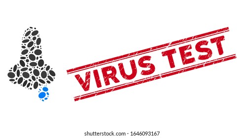 Mosaic nose flu icon and rubber stamp seal with red Virus Test text between double parallel lines. Mosaic vector is designed from nose flu icon and with random oval spots.