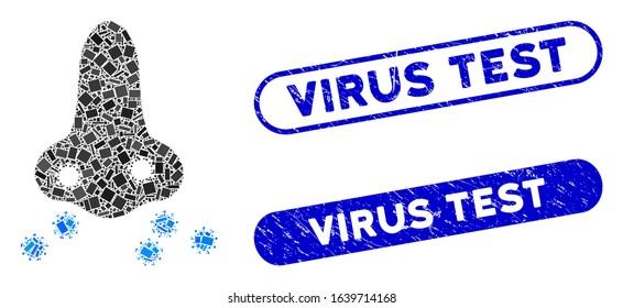 Mosaic nose flu sikness icon and red round corroded stamp watermark with Virus Test text and coronavirus symbol. Mosaic vector is designed with nose flu sikness icon and with randomized round items.