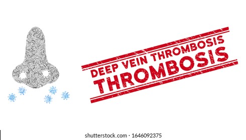 Icono de la sequedad de la gripe nasal y sello rojo de sellado de la trombosis venosa profunda entre líneas paralelas dobles. Pictograma de mosaico de naftalina vectorial plana de líneas rotadas aleatoriamente.