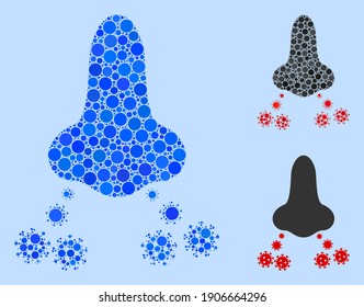 Mosaic Nose virus spread icon organized from spheric items in random sizes, positions and proportions. Vector blue spheric spots are grouped into abstract mosaic nose virus spread icon.