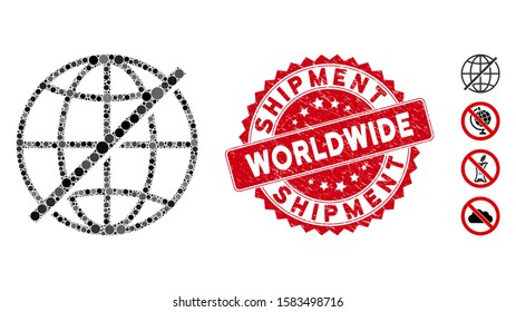 Mosaic not global icon and rubber stamp seal with Worldwide Shipment text. Mosaic vector is designed with not global pictogram and with randomized circle elements.