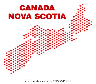 Mosaic Nova Scotia Province map of heart hearts in red color isolated on a white background. Regular red heart pattern in shape of Nova Scotia Province map.