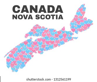 Mosaic Nova Scotia Province map of lovely hearts in pink and blue colors isolated on a white background. Lovely heart collage in shape of Nova Scotia Province map.