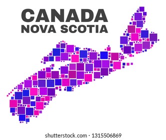 Mosaic Nova Scotia Province map isolated on a white background. Vector geographic abstraction in pink and violet colors. Mosaic of Nova Scotia Province map combined of random square items.