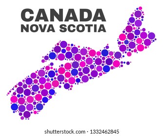 Mosaic Nova Scotia Province map isolated on a white background. Vector geographic abstraction in pink and violet colors. Mosaic of Nova Scotia Province map combined of scattered round elements.