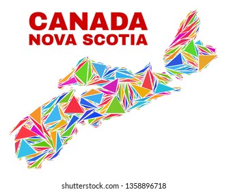 Mosaic Nova Scotia Province map of triangles in bright colors isolated on a white background. Triangular collage in shape of Nova Scotia Province map. Abstract design for patriotic illustrations.