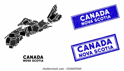 Mosaic Nova Scotia Province map and rectangular seals. Flat vector Nova Scotia Province map mosaic of random rotated rectangular items. Blue caption rubber seals with scratched surface.