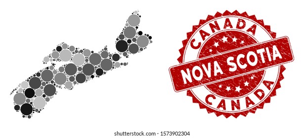 Mosaic Nova Scotia Province map and round seal stamp. Flat vector Nova Scotia Province map mosaic of randomized round elements. Red stamp imprint with distress surface.