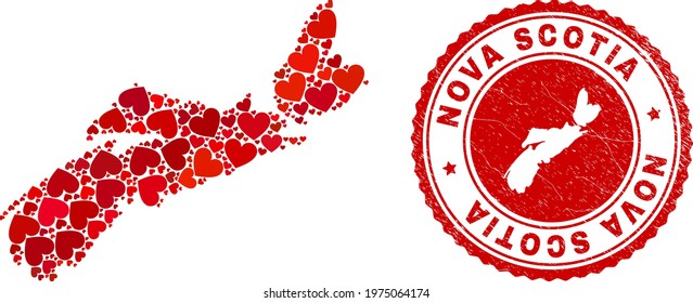 Mosaic Nova Scotia Province map created with red love hearts, and corroded stamp. Vector lovely round red rubber stamp imprint with Nova Scotia Province map inside.