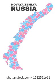 Mosaic Novaya Zemlya Islands map of lovely hearts in pink and blue colors isolated on a white background. Lovely heart collage in shape of Novaya Zemlya Islands map.