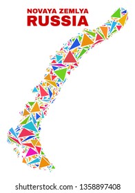 Mosaic Novaya Zemlya Islands map of triangles in bright colors isolated on a white background. Triangular collage in shape of Novaya Zemlya Islands map. Abstract design for patriotic illustrations.