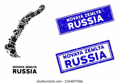 Mosaic Novaya Zemlya Islands map and rectangle stamps. Flat vector Novaya Zemlya Islands map mosaic of random rotated rectangular elements. Blue caption rubber stamps with rubber texture.