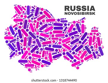 Mosaic Novosibirsk Region map isolated on a white background. Vector geographic abstraction in pink and violet colors. Mosaic of Novosibirsk Region map combined of random round points and lines.