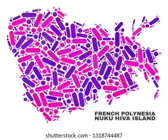 Mosaic Nuku Hiva Island map isolated on a white background. Vector geographic abstraction in pink and violet colors. Mosaic of Nuku Hiva Island map combined of random round dots and lines.