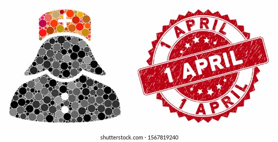 Mosaic nurse and grunge stamp seal with 1 April text. Mosaic vector is composed with nurse icon and with random circle spots. 1 April stamp seal uses red color, and grunge design.
