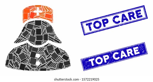 Mosaic nurse icon and rectangular Top Care rubber prints. Flat vector nurse mosaic pictogram of randomized rotated rectangular elements. Blue Top Care rubber stamps with scratched textures.