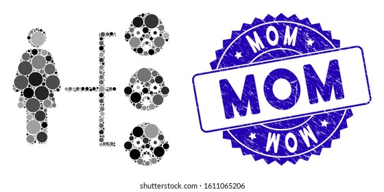 Mosaic nursery kids relations icon and distressed stamp watermark with Mom text. Mosaic vector is composed with nursery kids relations icon and with random spheric elements. Mom stamp uses blue color,