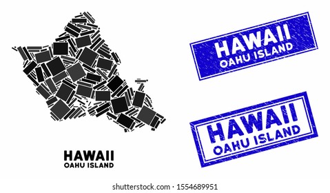 Mosaic Oahu Island map and rectangular watermarks. Flat vector Oahu Island map mosaic of random rotated rectangular items. Blue caption watermarks with distress texture.